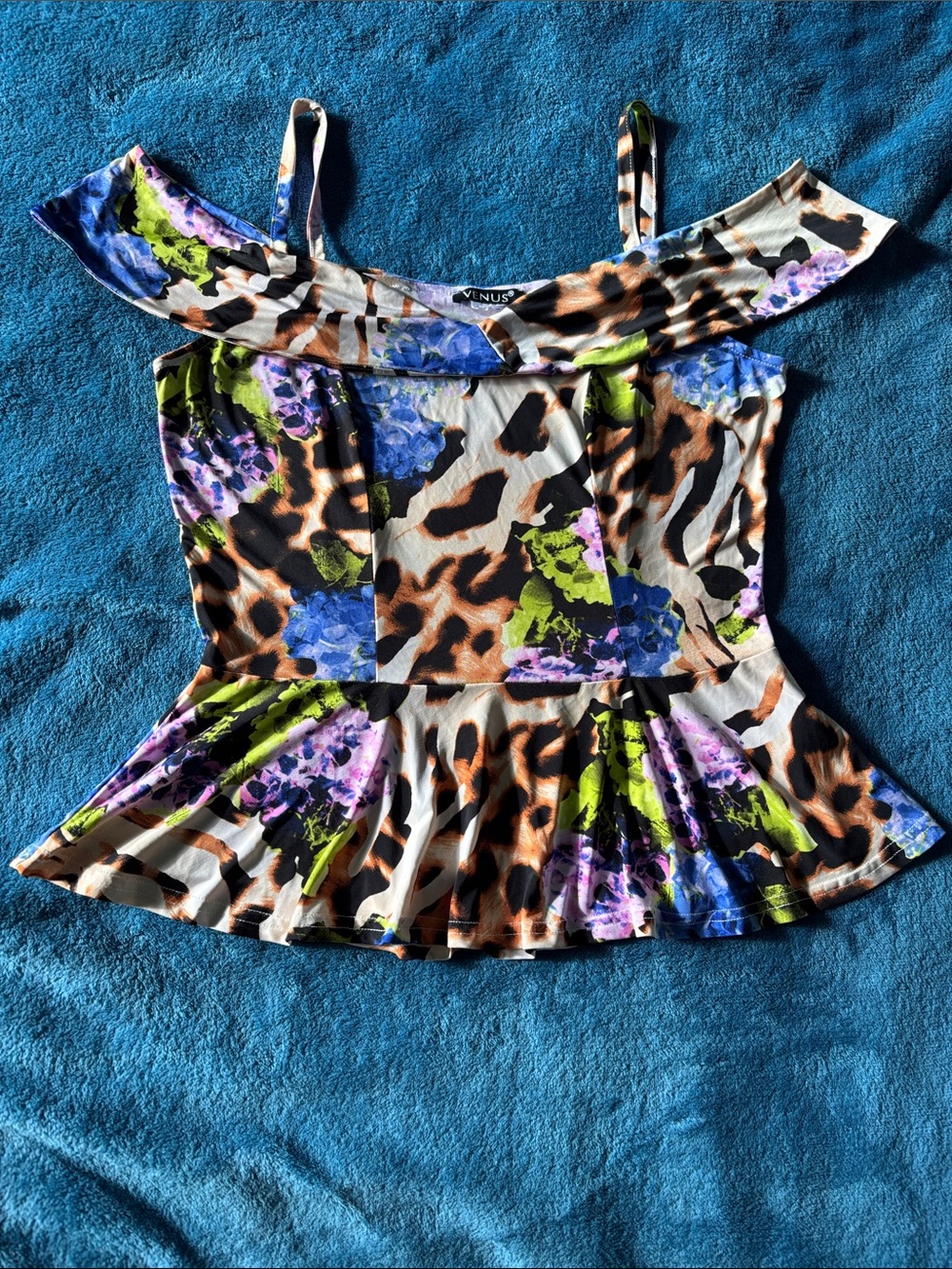 VENUS Floral & Leopard Off-Shoulder Peplum Camisole - Blue, Purple, Green, Brown
